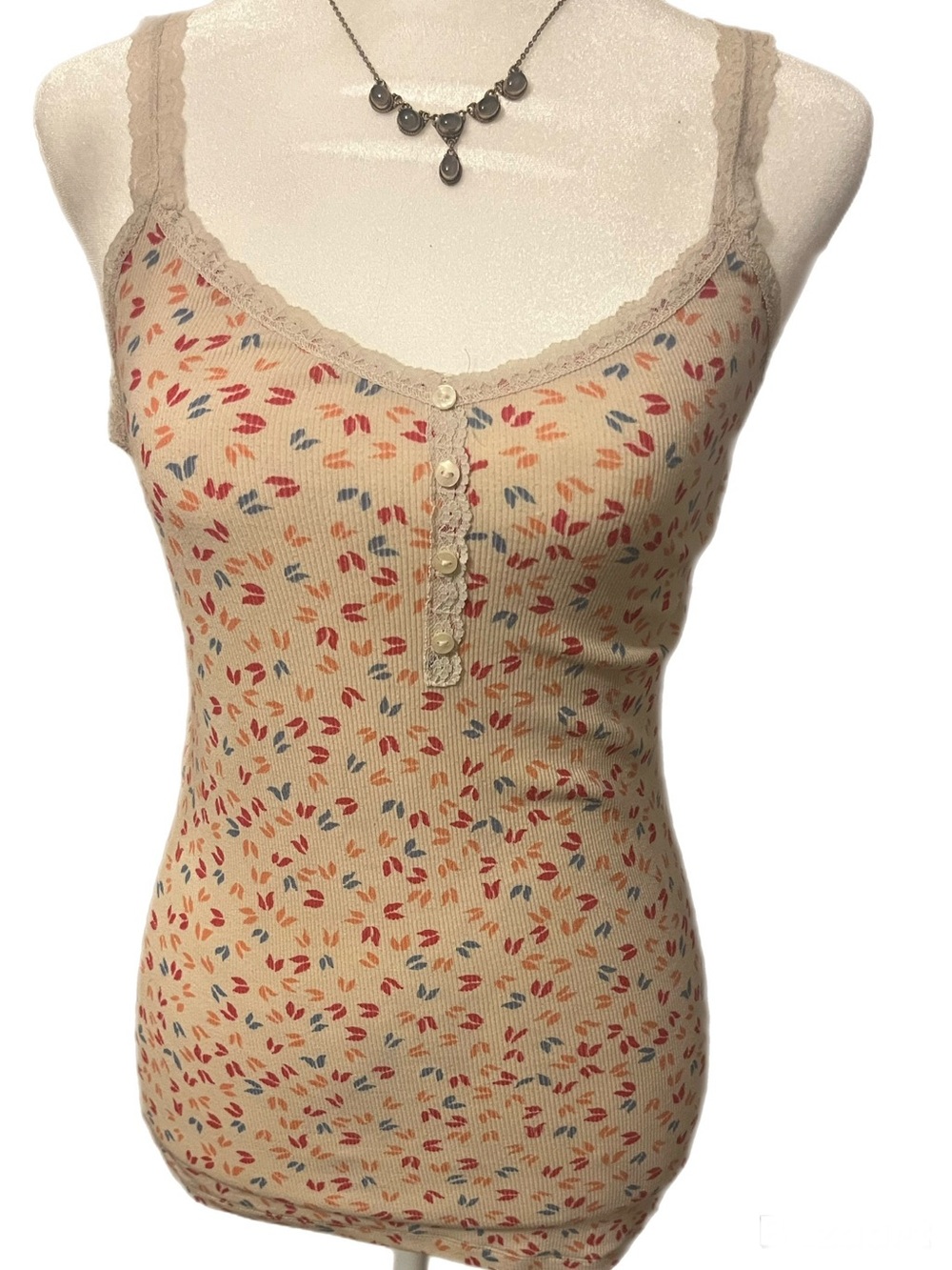 Old Navy Cream Floral Print Ribbed Tank Top with Lace Trim Size Medium